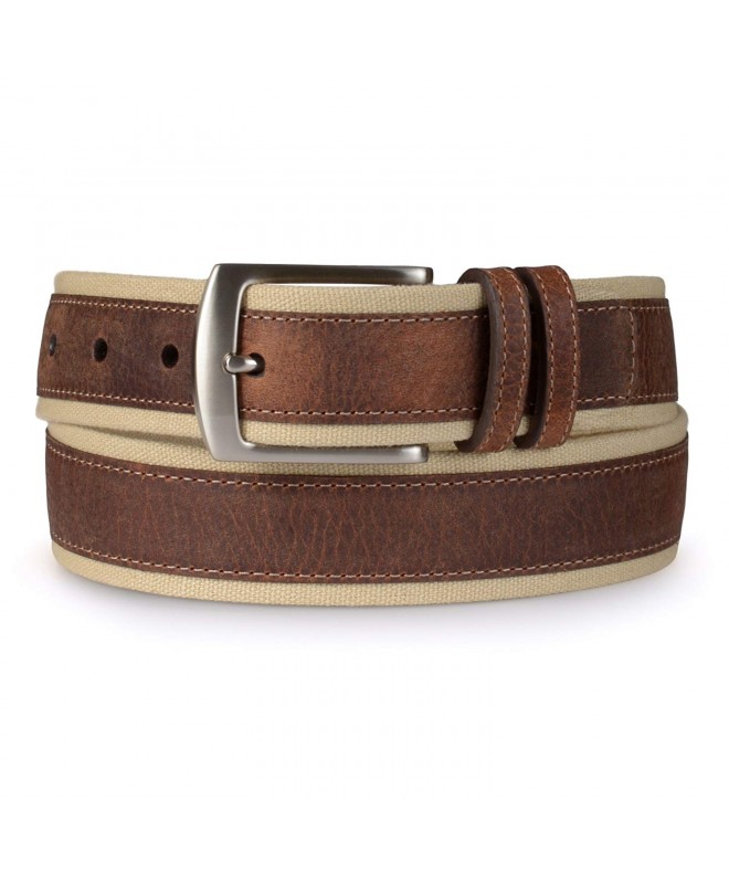 Mens Casual Leather Overlay Canvas Belt - Khaki - CT11YW22HJ1